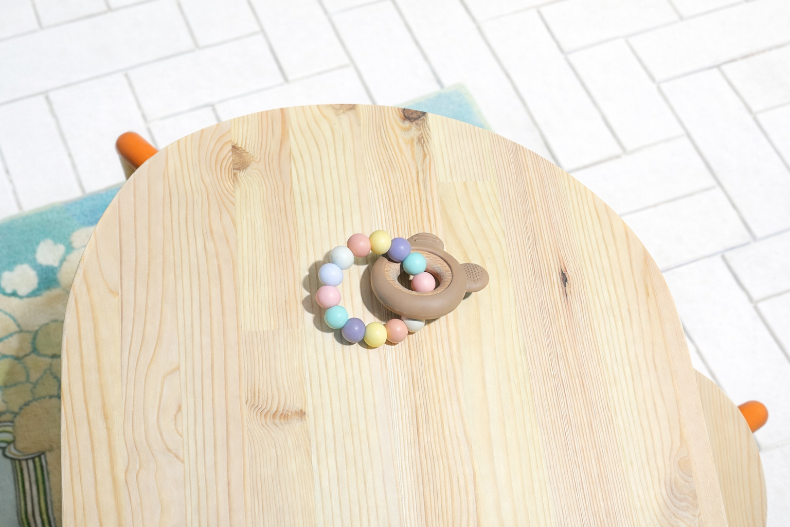 Pastel Teething Ring with Silicone & Wooden Bear