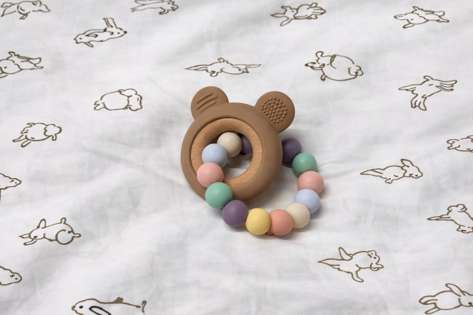 Pastel Teething Ring with Silicone & Wooden Bear