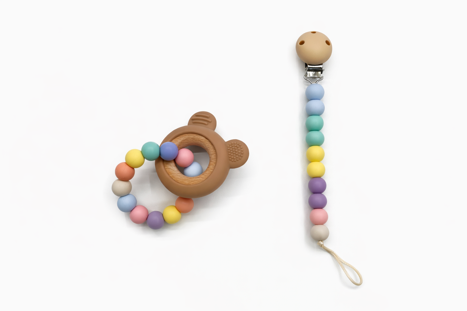 Pastel Teething Ring with Silicone & Wooden Bear