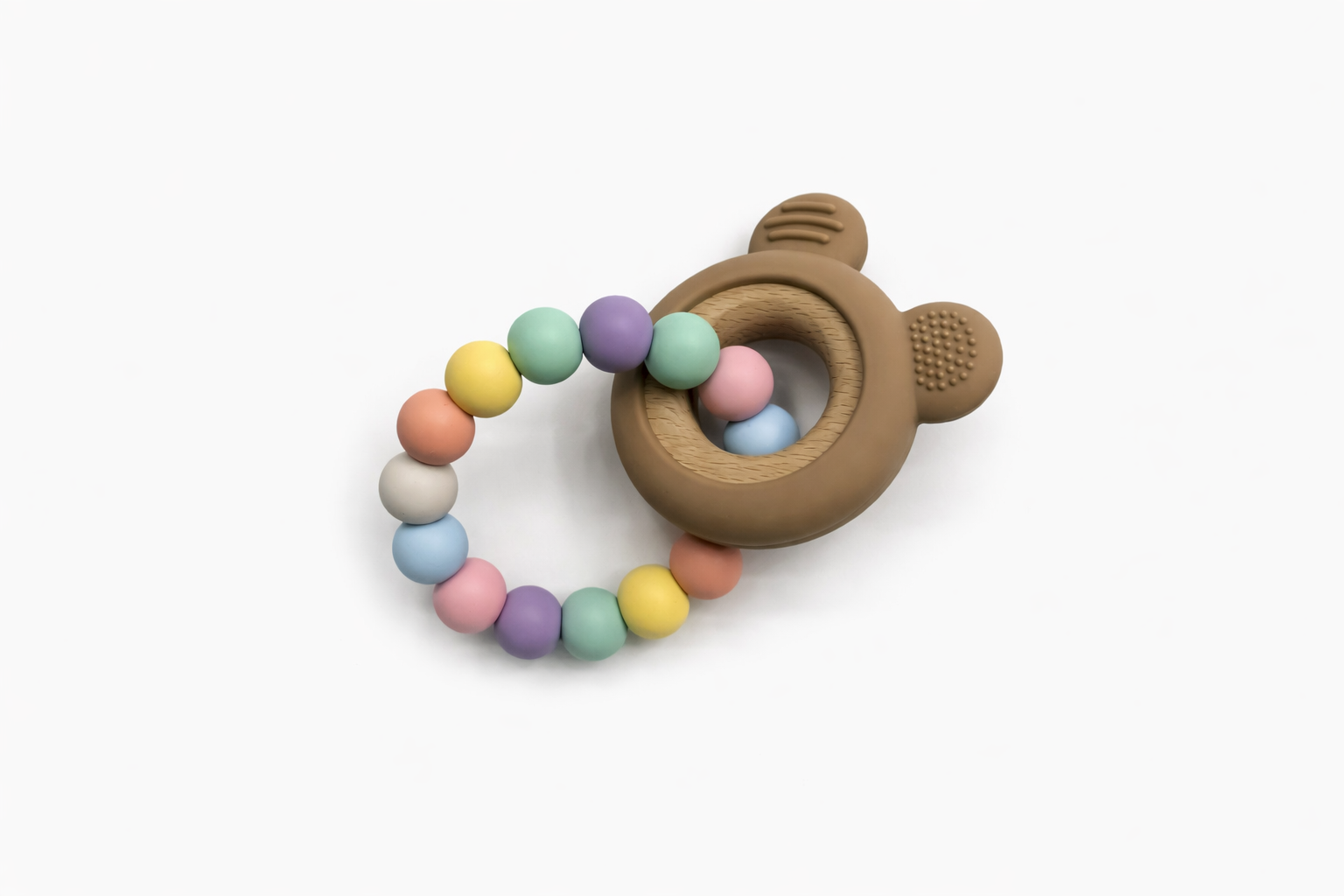 Pastel Teething Ring with Silicone & Wooden Bear